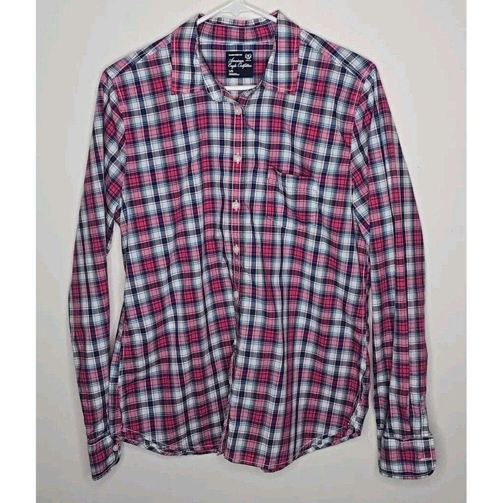 American Eagle‎ Button Up Shirt Womens L Classic Prep Fit Pink Blue Chest Pocket